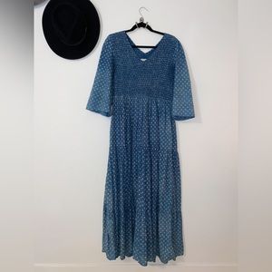 Christy Dawn Basil dress Size L. Indigo Petunia Dot hand stamped pattern